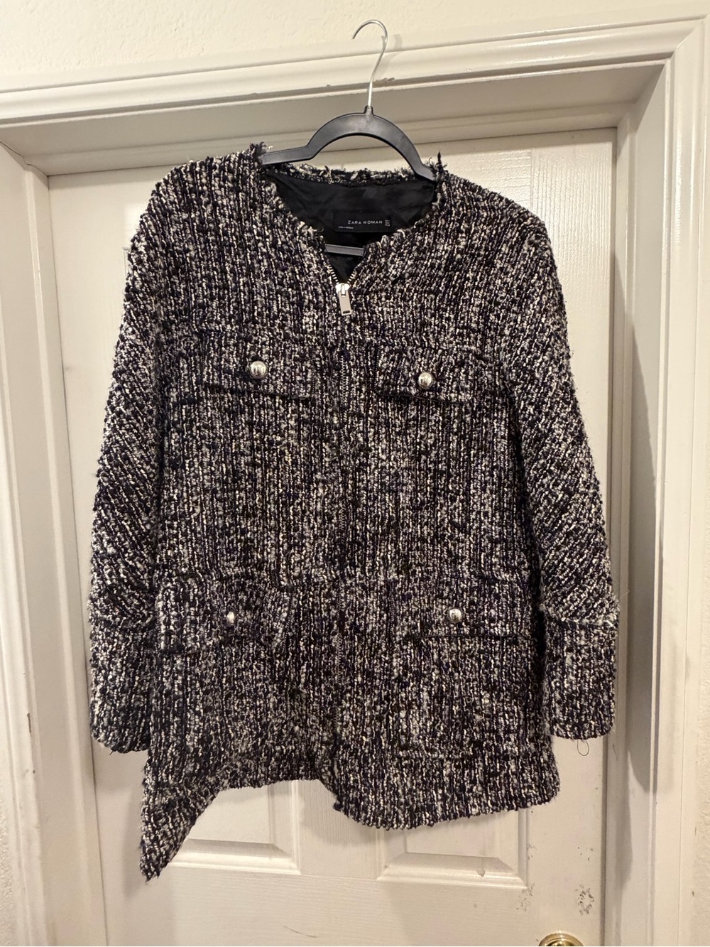 Zara Black & White Textured Tweed Zip Blazer - Medium